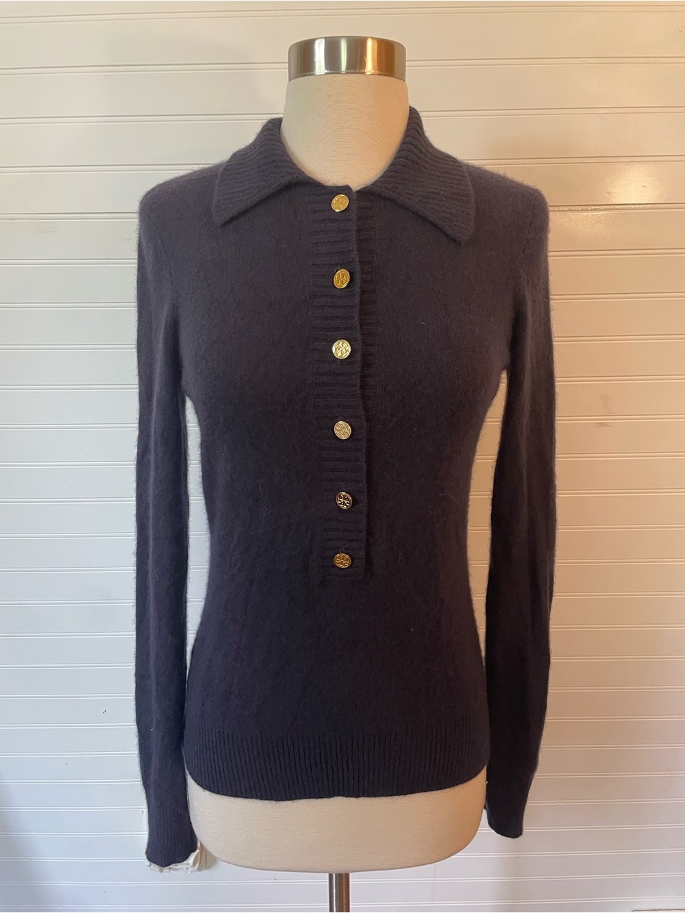 Tory Burch 100% Cashmere Polo Collared Sweater Size Small Gold Logo Buttons